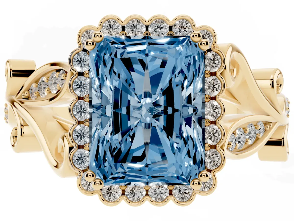 Fancy Blue Radiant Cut Diamond Halo Ring with Vintage Split Shank and Four-Prong Setting Yellow gold