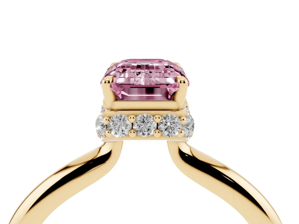 Fancy Pink Emerald Cut Brilliant Solitaire Engagement Ring with Six-Prong Setting and Classic Band Yellow gold
