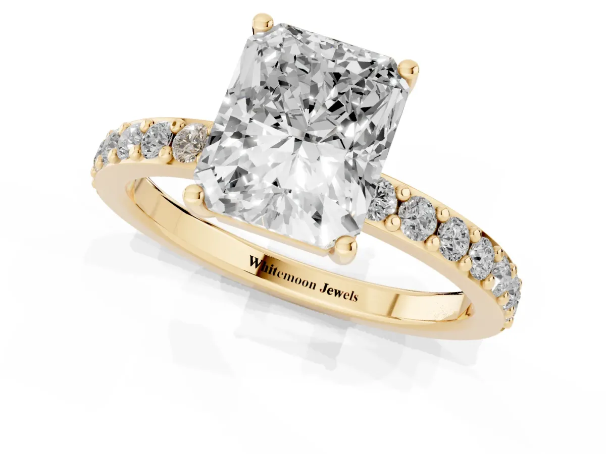 Radiant Cut Cut Diamond Solitaire with Pave Band and Four-Prong Setting Yellow gold