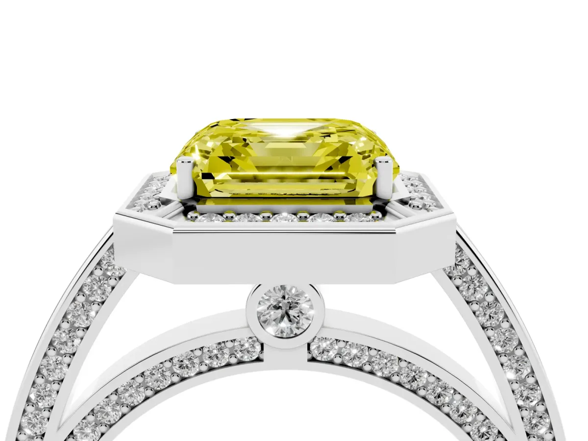 Fancy Yellow Asscher Cut Cut Halo Pave Split Shank Prong Setting Ring Silver