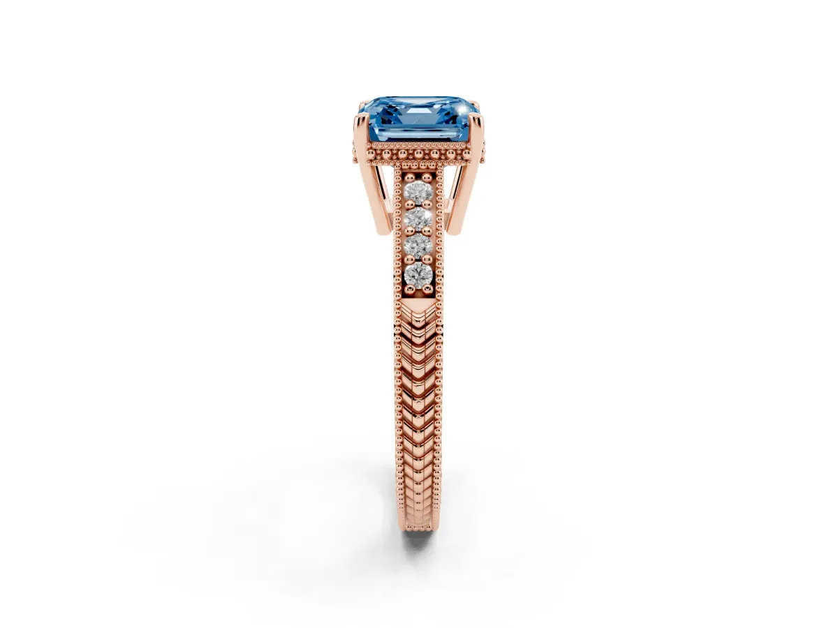 Fancy Blue Asscher Cut Solitaire Pavé Diamond Milgrain Engagement Ring with Four-Prong Setting Rose gold