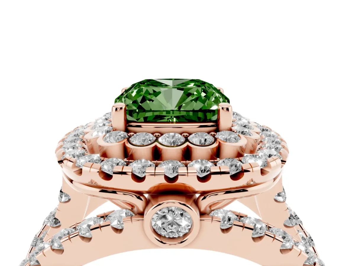 Fancy Green Cushion Cut Diamond Double Halo Ring with Round Pavé Split Shank and Prong Setting Rose gold
