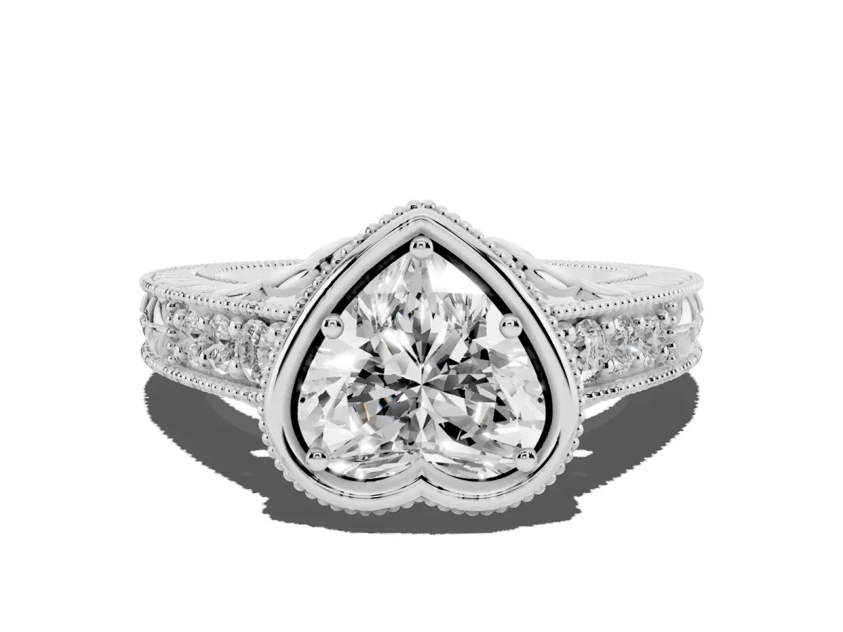 Bezel Set Heart Cut Diamond Milgrain Pave Engagement Ring Silver