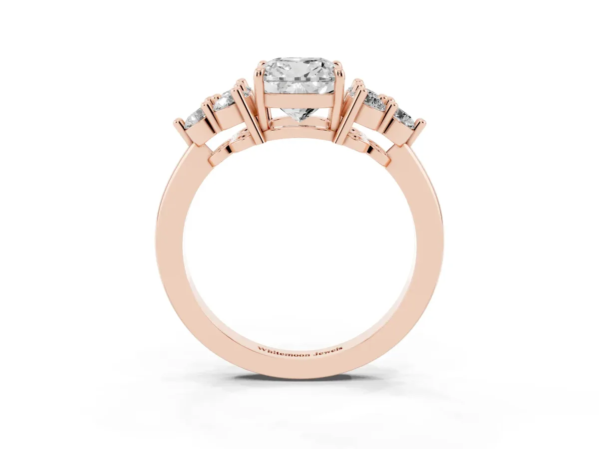 Cushion Cut Brilliant Diamond Cluster Accent Solitaire Ring with Prong Setting Rose gold