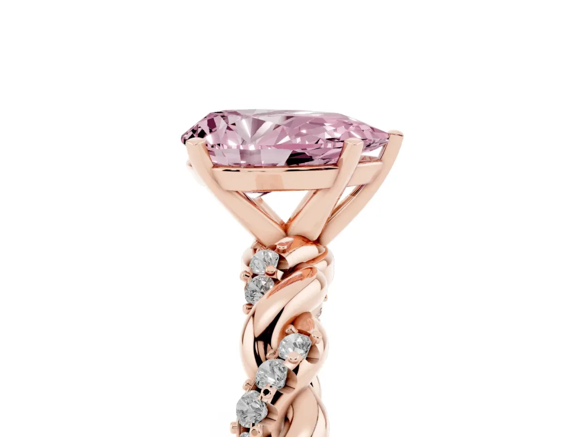 Fancy Pink Pear Cut Diamond Solitaire Ring with Twisted Band and Pavé Accents Rose gold