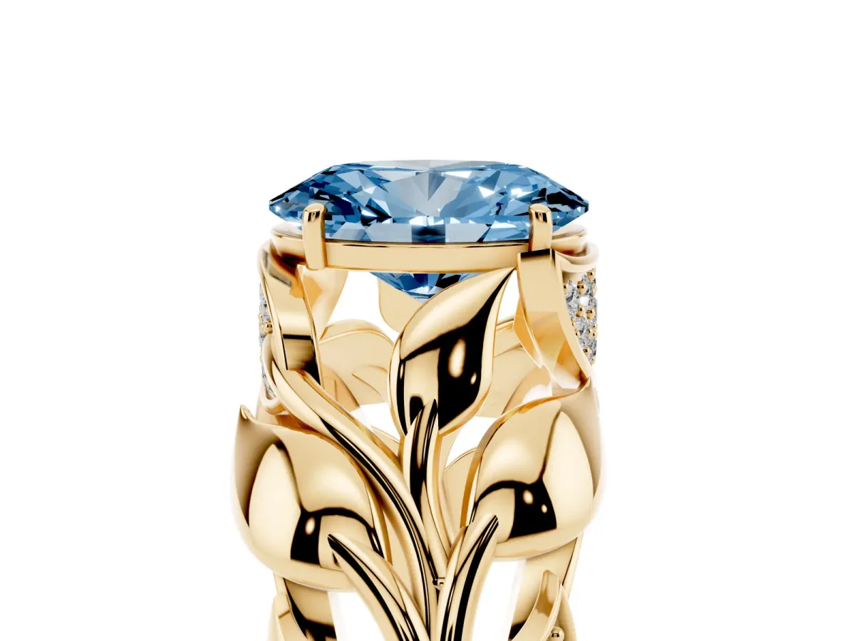 Fancy Blue Oval Cut Diamond Leaf-Inspired Engagement Ring with Round Accents and Prong Setting Yellow gold
