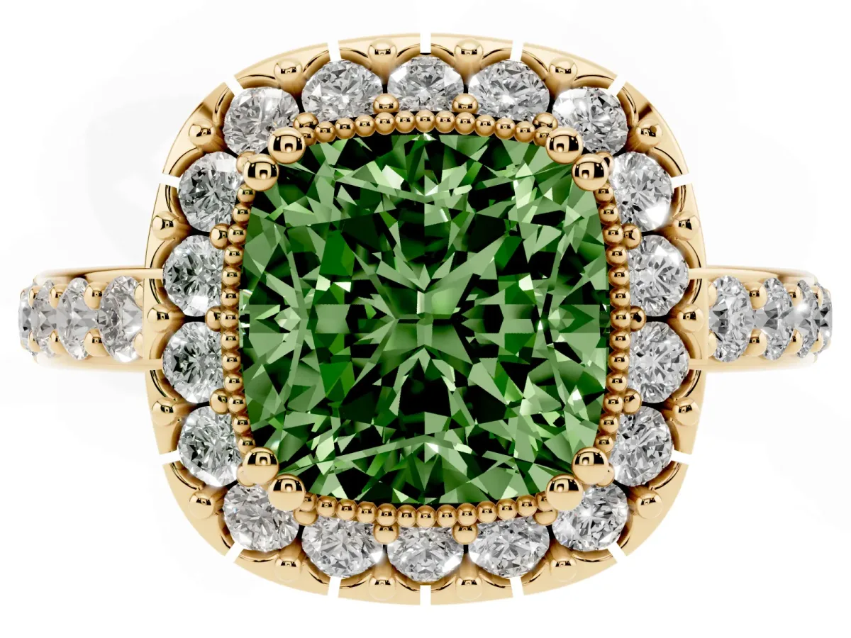 Fancy Green Cushion Cut Diamond Halo Ring with Pavé Band and Prong Setting Yellow gold