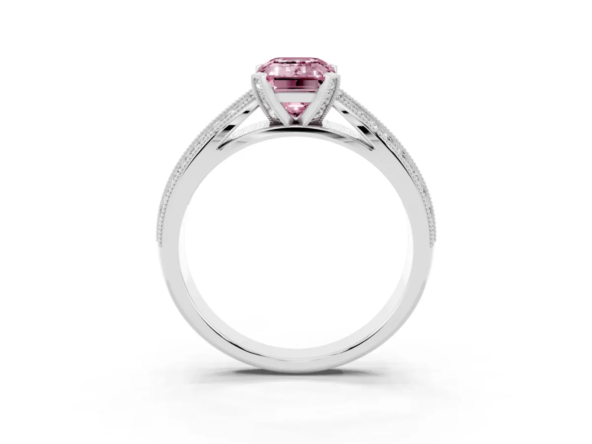 Fancy Pink Emerald Cut Diamond Solitaire Ring with Milgrain Round Pavé Band and Prong Setting Silver