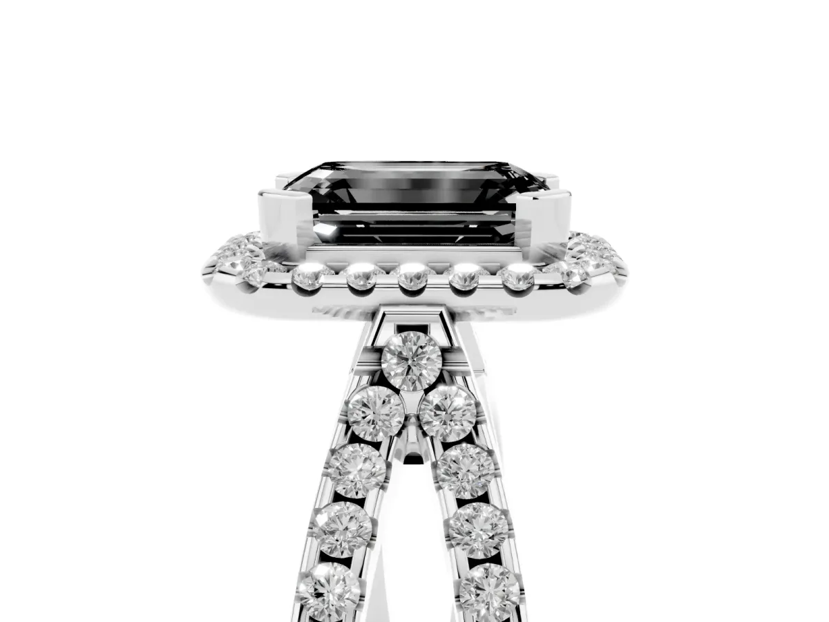 Fancy Black Emerald Cut Diamond Halo Ring with Split Shank Pavé Band and Prong Setting Platinum