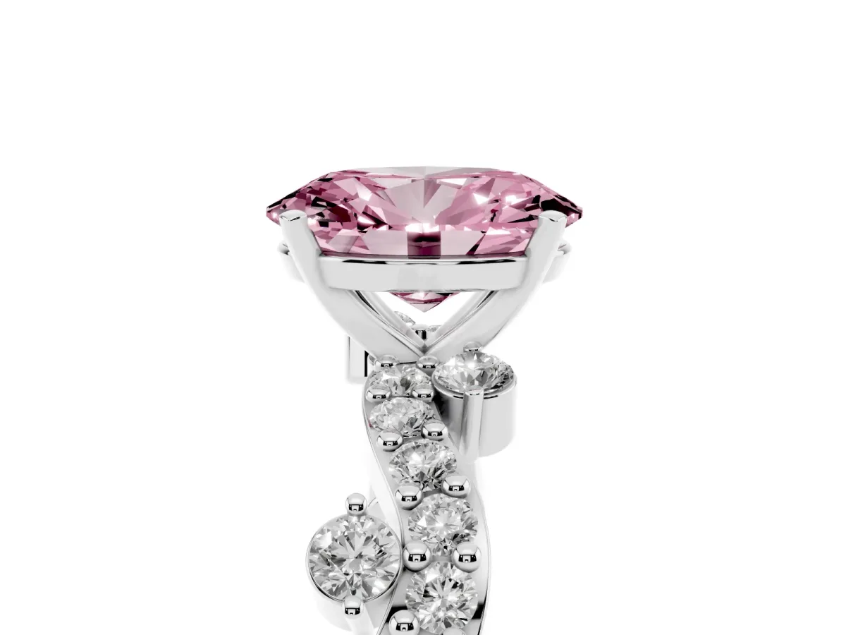 Fancy Pink Oval Cut Cut Solitaire Diamond Twisted Band with Pave Setting Silver