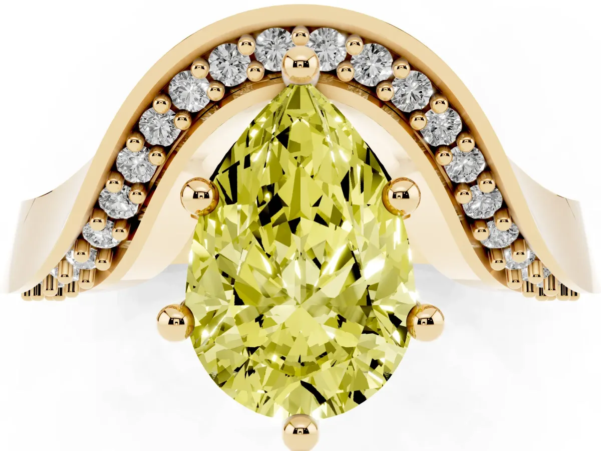 Fancy Yellow Pear Cut Solitaire Diamond Engagement Ring with Pave Band and Four-Prong Setting Yellow gold
