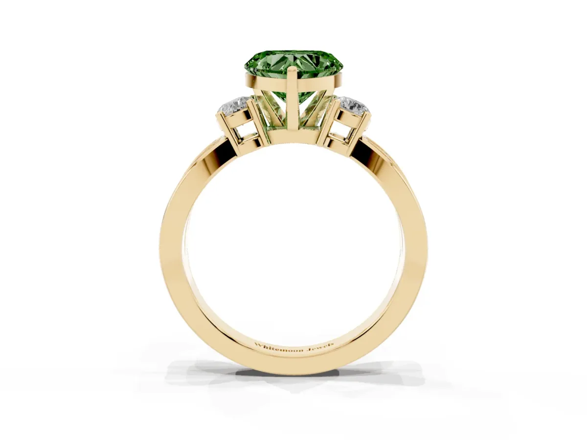 Fancy Green Three-Stone Heart Cut Cut Diamond Twist Band with Prong Setting Yellow gold