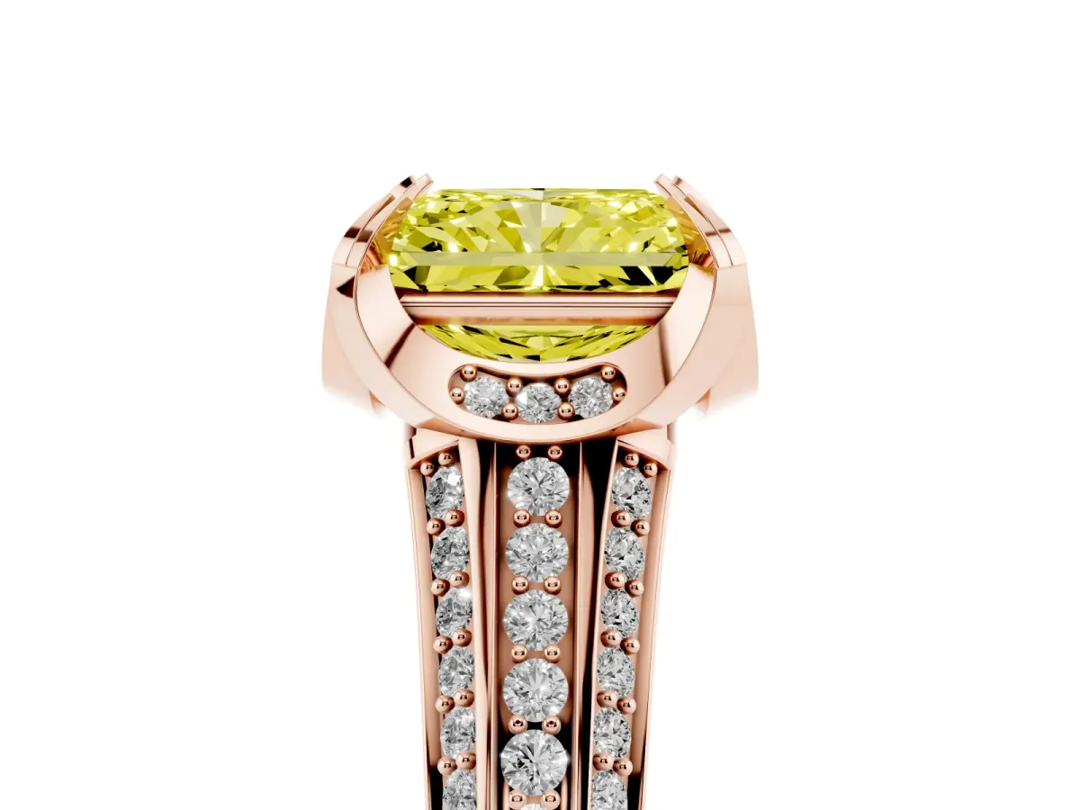 Fancy Yellow Radiant Cut Solitaire Pave Split Shank Ring with Four-Prong Setting Rose gold
