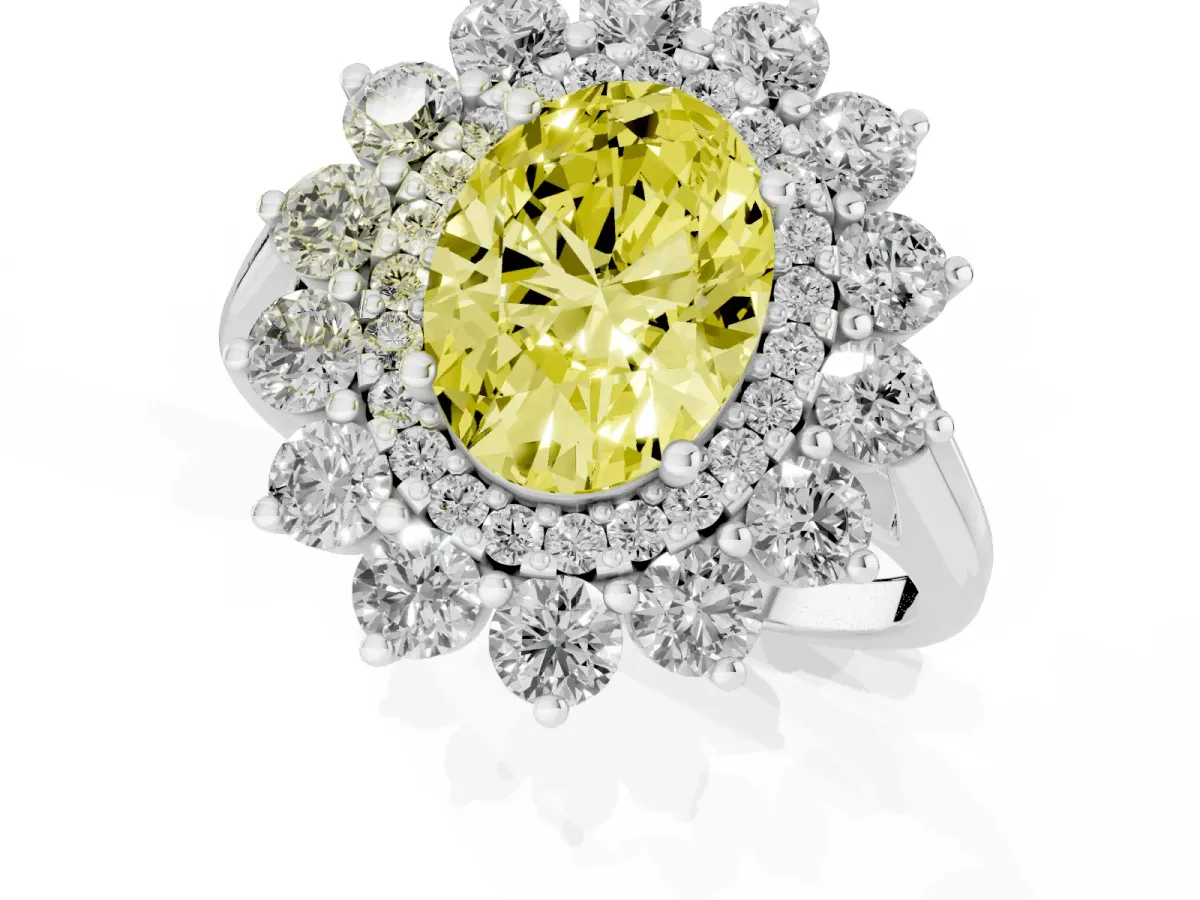 Fancy Yellow Oval Cut Diamond Floral Double Halo Engagement Ring with Prong Setting Platinum