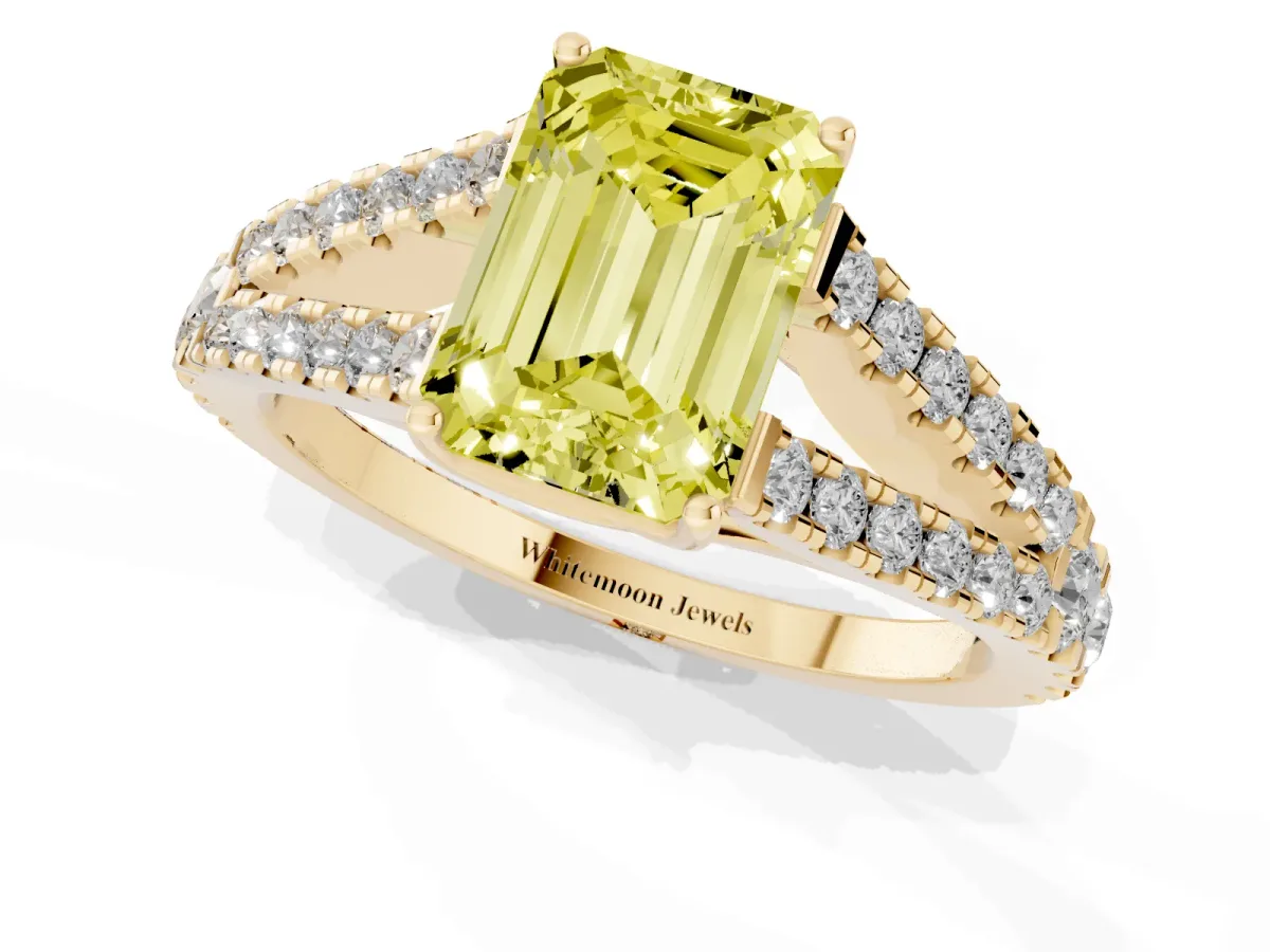 Fancy Yellow Emerald Cut Diamond Split Shank Engagement Ring with Round Pavé and Prong Setting Yellow gold