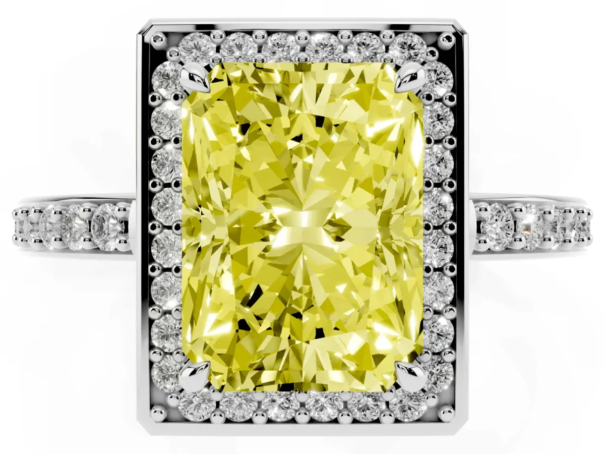 Fancy Yellow Radiant Cut Halo Pave Band Solitaire Ring with Prong Setting Silver
