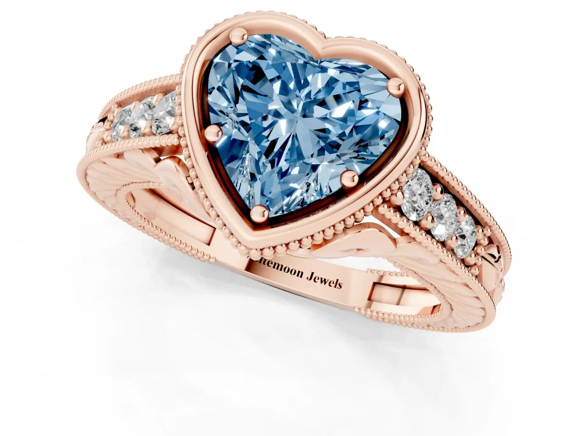 Fancy Blue Bezel Set Heart Cut Diamond Milgrain Pave Engagement Ring Rose gold