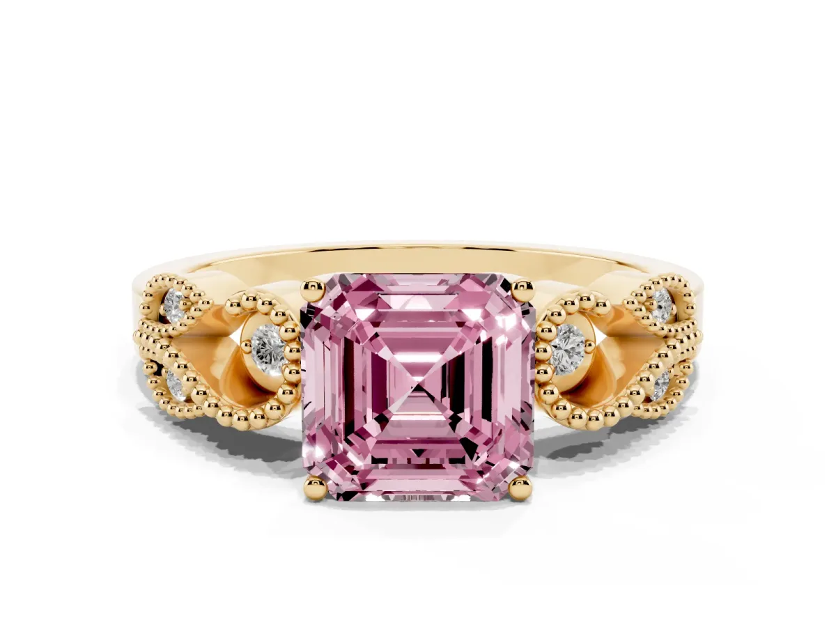 Fancy Pink Asscher Cut Solitaire Milgrain Leaf Band with Prong Setting Yellow gold
