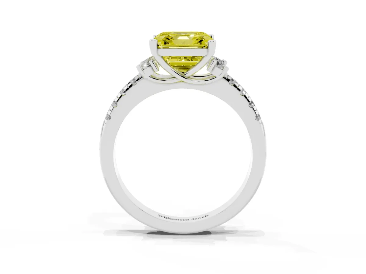 Fancy Yellow Asscher Cut Diamond Three-Stone Pave Band with Four-Prong Setting Silver