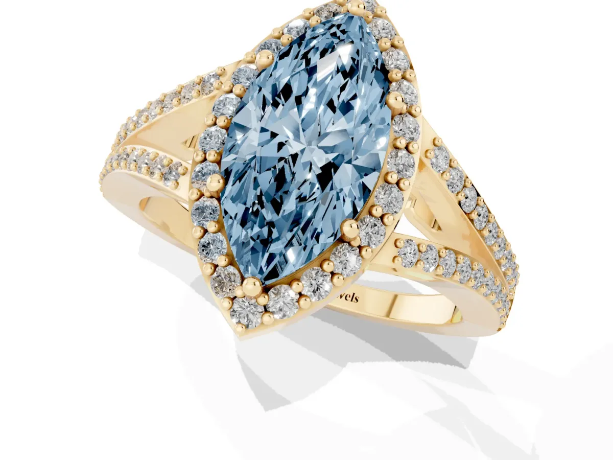 Fancy Blue Marquise Cut Halo Split Shank Diamond Ring with Prong Setting Yellow gold