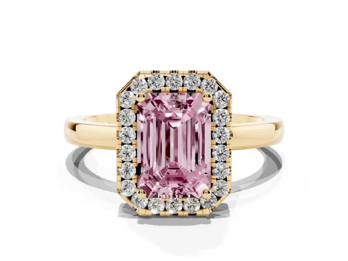 Fancy Pink Emerald Cut Halo Diamond Solitaire with Pavé Band and Four-Prong Setting Yellow gold