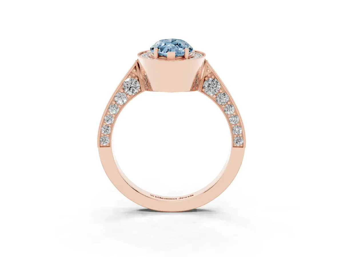 Fancy Blue Marquise Cut Halo Diamond Engagement Ring with Split Shank Band and Four-Prong Setting Rose gold