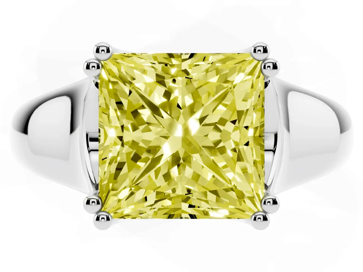 Fancy Yellow Princess Cut Diamond Solitaire Ring with Wide Band and Prong Setting Platinum