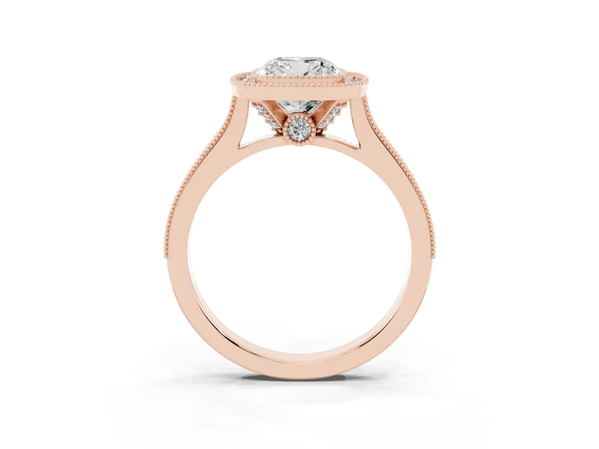 Halo Cushion Cut-Cut Diamond Pave Band Milgrain Prong Setting Ring Rose gold