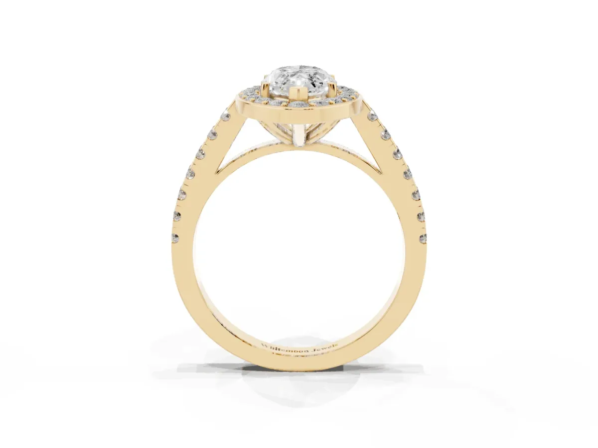 Marquise Cut Diamond Halo Ring with Round Pavé Split Shank and Prong Setting Yellow gold