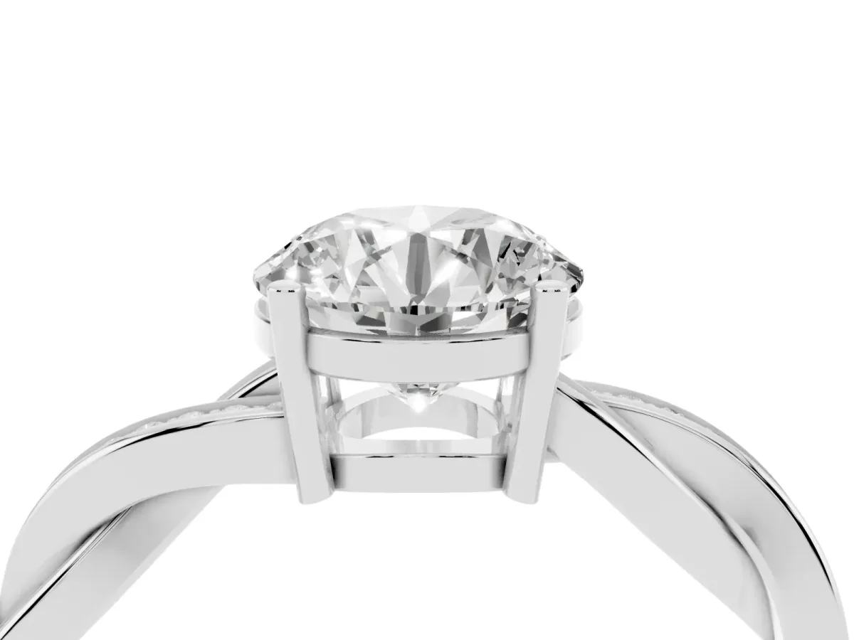 Round Cut Solitaire Twisted Pave Diamond Ring with Four-Prong Setting Platinum