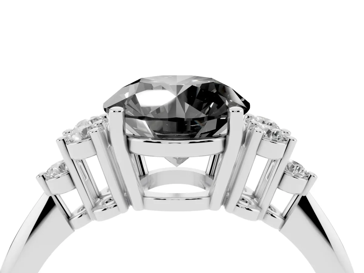 Fancy Black Round Cut Cut Diamond Cluster Ring with Solitaire Band and Four-Prong Setting Silver