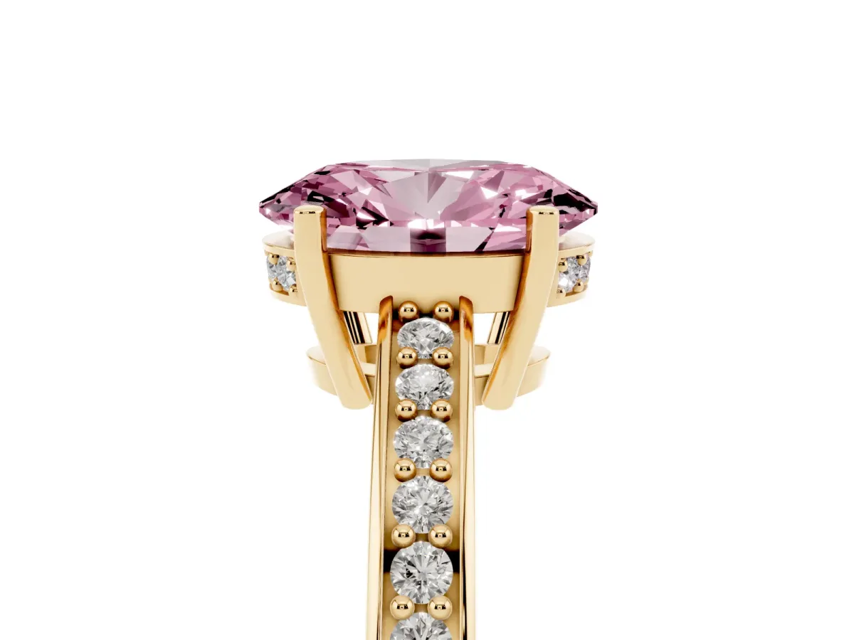 Fancy Pink Oval Cut Solitaire Pavé Band Prong Setting Ring Yellow gold