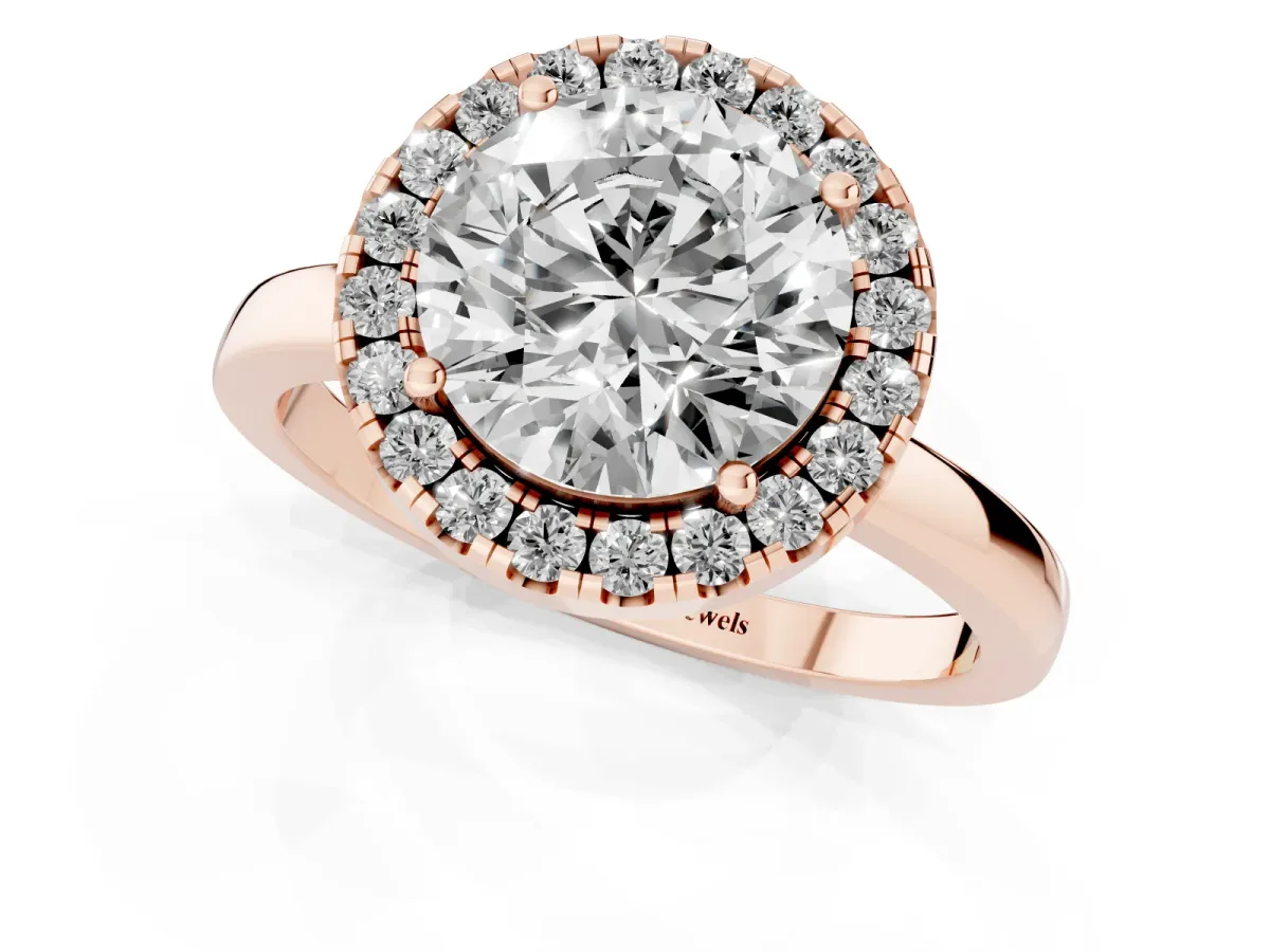 Round Cut Halo Diamond Solitaire with Pavé Band and Four-Prong Setting Rose gold