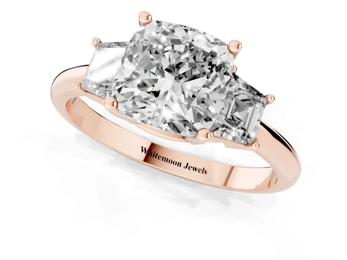Cushion Cut Diamond Three-Stone Ring with Trapezoid Side Stones and Prong Setting Rose gold
