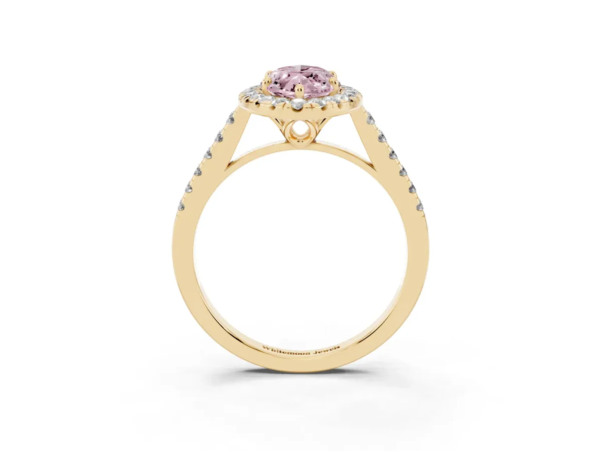 Fancy Pink Marquise Cut Halo Pavé Diamond Engagement Ring with Four-Prong Setting Yellow gold