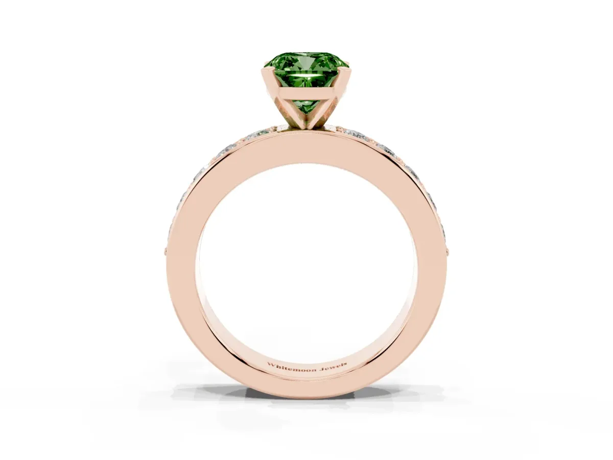 Fancy Green Cushion Cut Diamond Engagement Ring with Channel Set Round Band and Prong Setting Rose gold