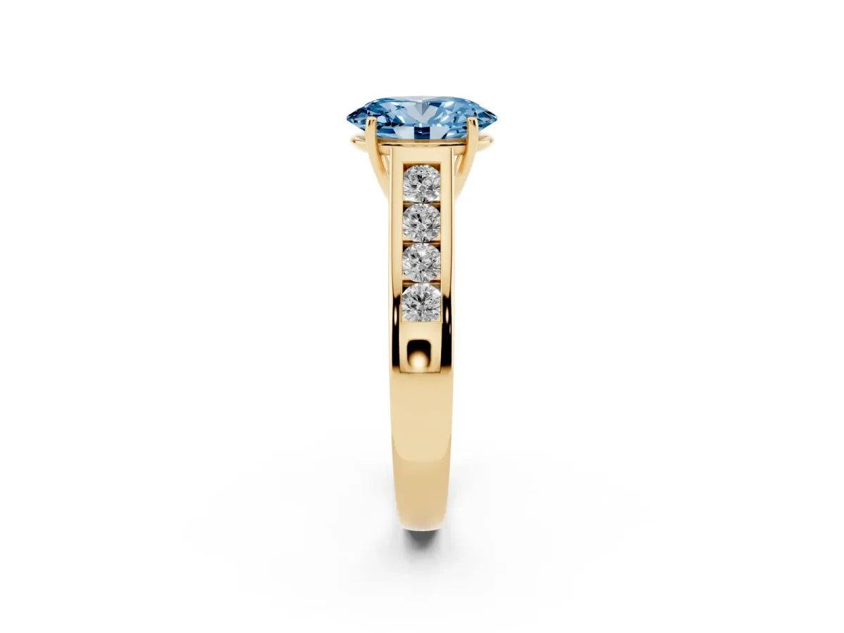 Fancy Blue Oval Cut Brilliant Channel-Set Solitaire Ring with Four-Prong Setting Yellow gold