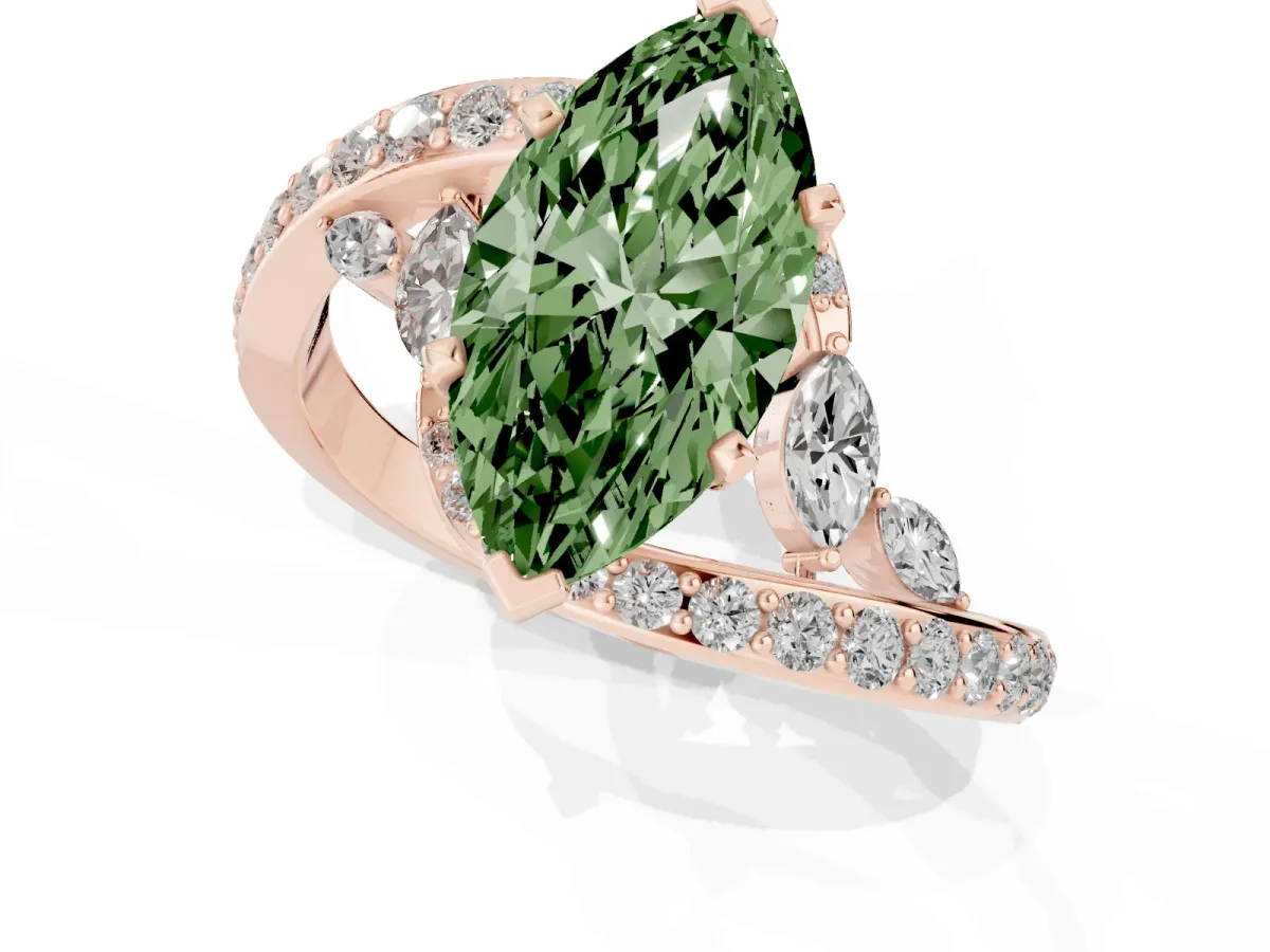 Fancy Green Marquise Cut Solitaire with Pavé Twist Band and Four-Prong Setting Rose gold