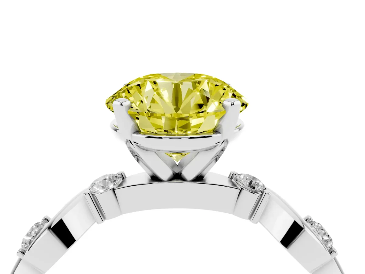 Fancy Yellow Round Cut Diamond Solitaire Twisted Band with Round Accents and Prong Setting Silver