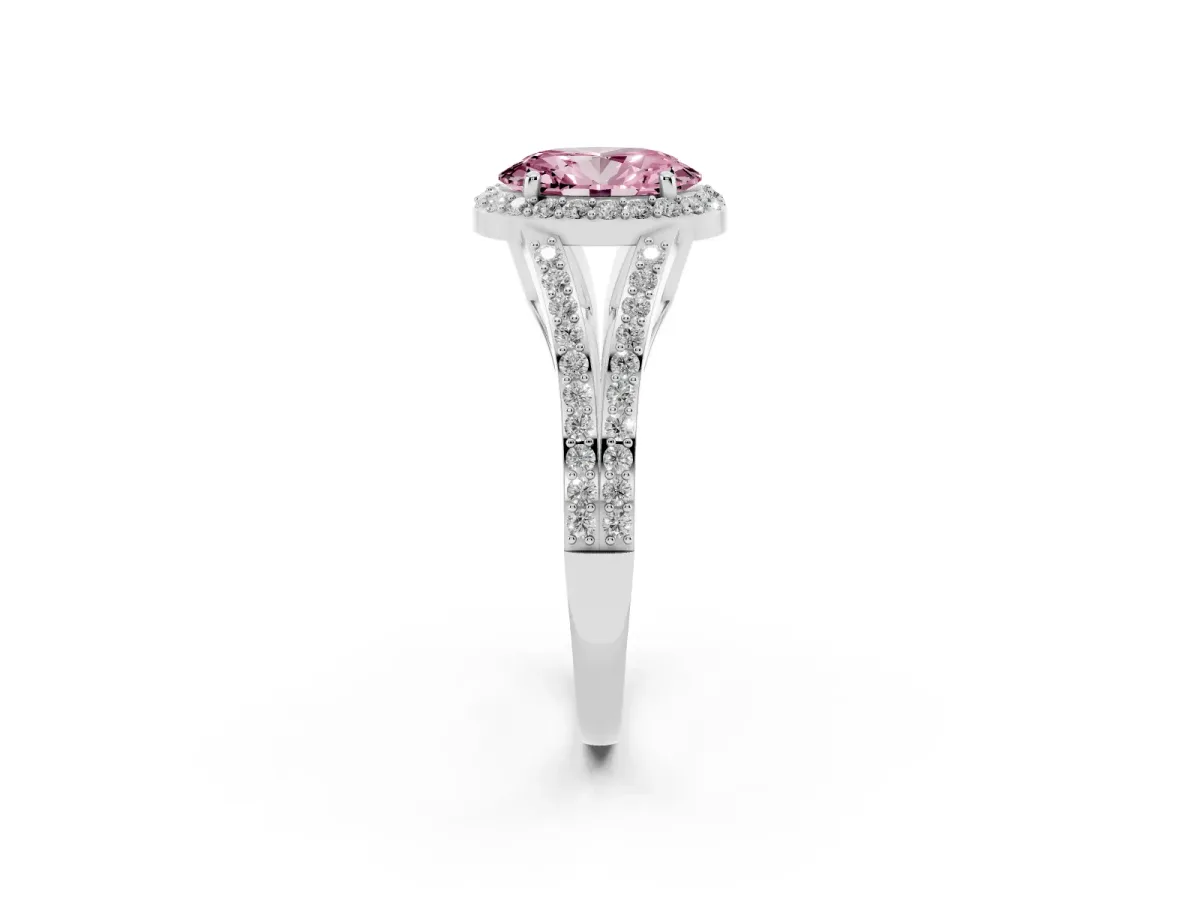 Fancy Pink Oval Cut Halo Split Shank Diamond Ring with Prong Setting Silver