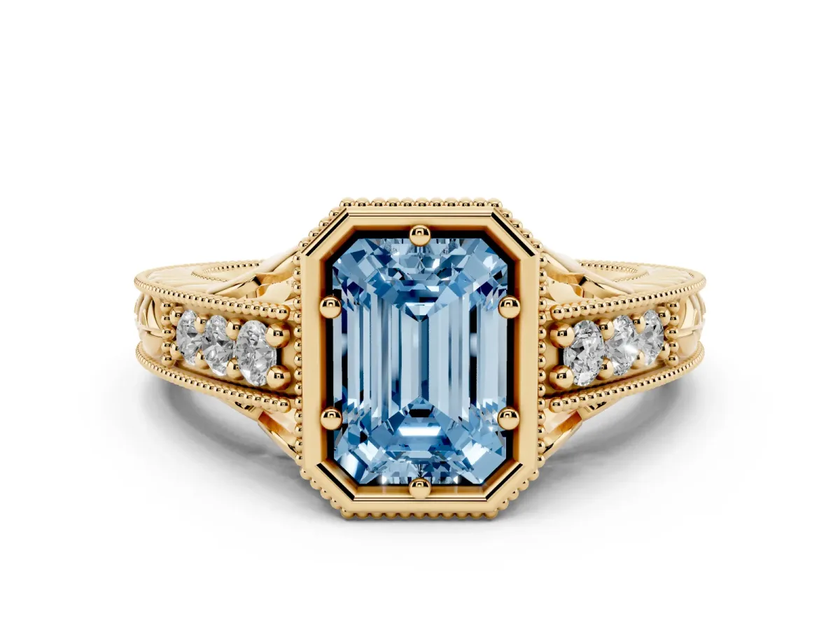 Fancy Blue Bezel Set Emerald Cut Diamond Milgrain Pave Engagement Ring Yellow gold