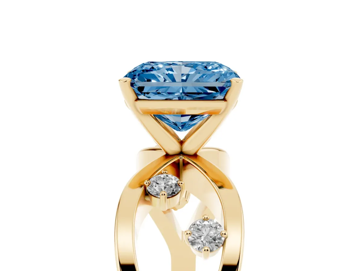 Fancy Blue Radiant Cut Cut Solitaire Diamond with Side Stones on Criss-Cross Band and Four-Prong Setting Yellow gold