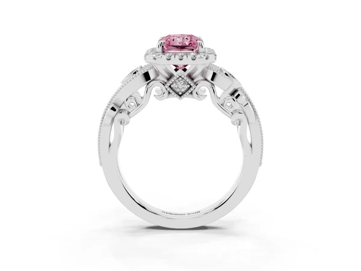 Fancy Pink Radiant Cut Diamond Halo Ring with Milgrain Pavé Band and Four-Prong Setting Platinum