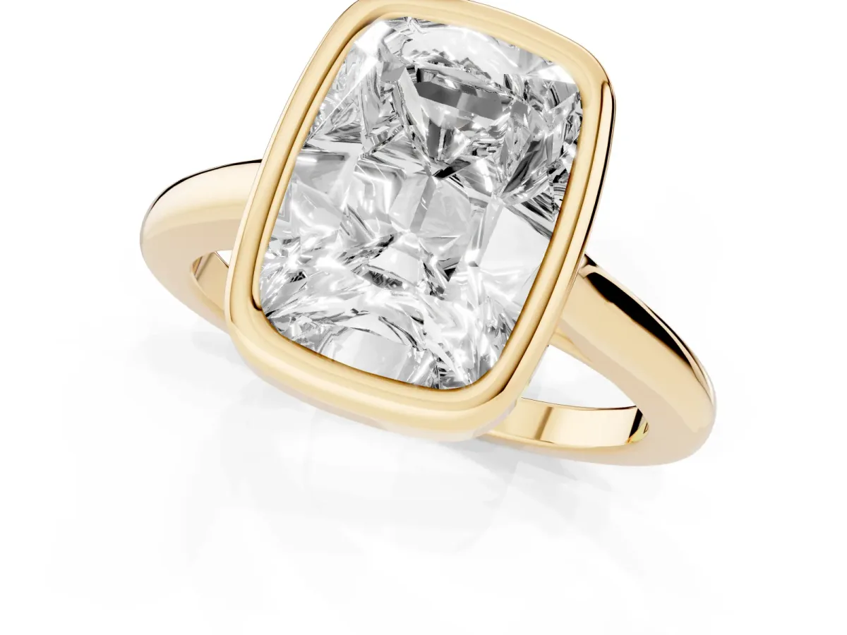 Old Mine Elongated Cushion Diamond Bezel Set Ring Yellow gold