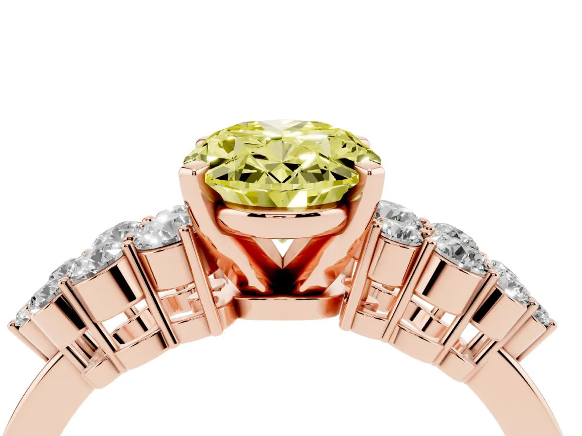 Fancy Yellow Oval Cut Cluster Diamond Engagement Ring with Pavé Band and Four-Prong Setting Rose gold