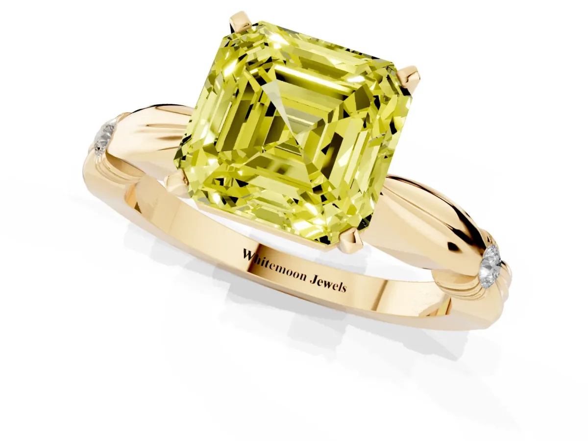 Fancy Yellow Asscher Cut Solitaire Diamond Twisted Band with Four-Prong Setting Yellow gold