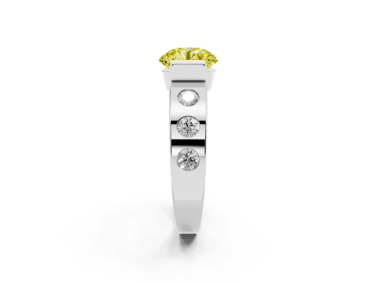 Fancy Yellow Round Cut Brilliant Channel-Set Diamond Ring with Bezel Prong Setting Platinum