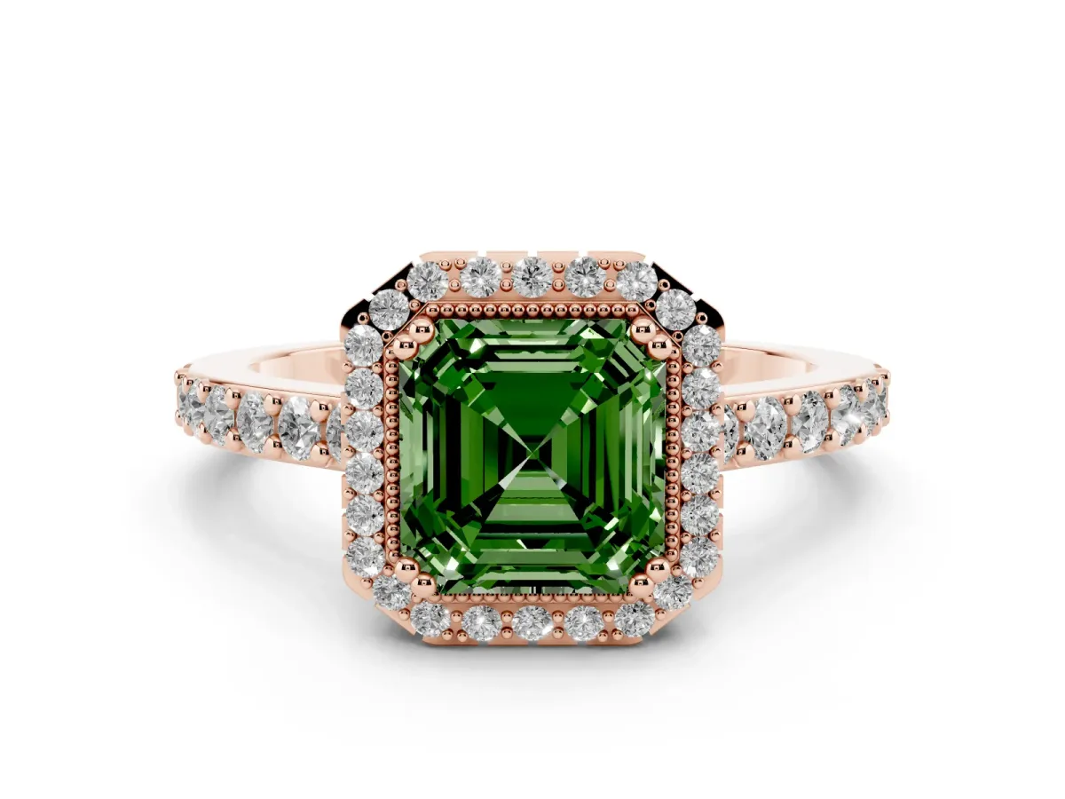 Fancy Green Asscher Cut Cut Diamond Halo Engagement Ring with Milgrain Detail and Pavé Band Rose gold