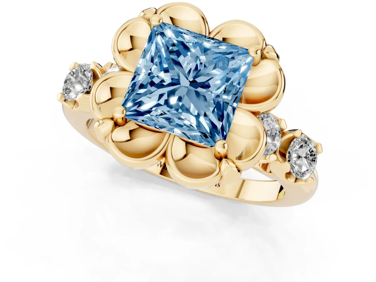 Fancy Blue Princess Cut Cut Diamond Floral Halo Engagement Ring with Shared Prong Setting Yellow gold