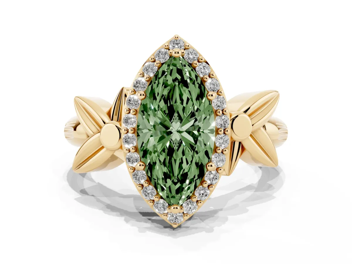 Fancy Green Marquise Cut Halo Diamond Floral Band with Four-Prong Setting Yellow gold